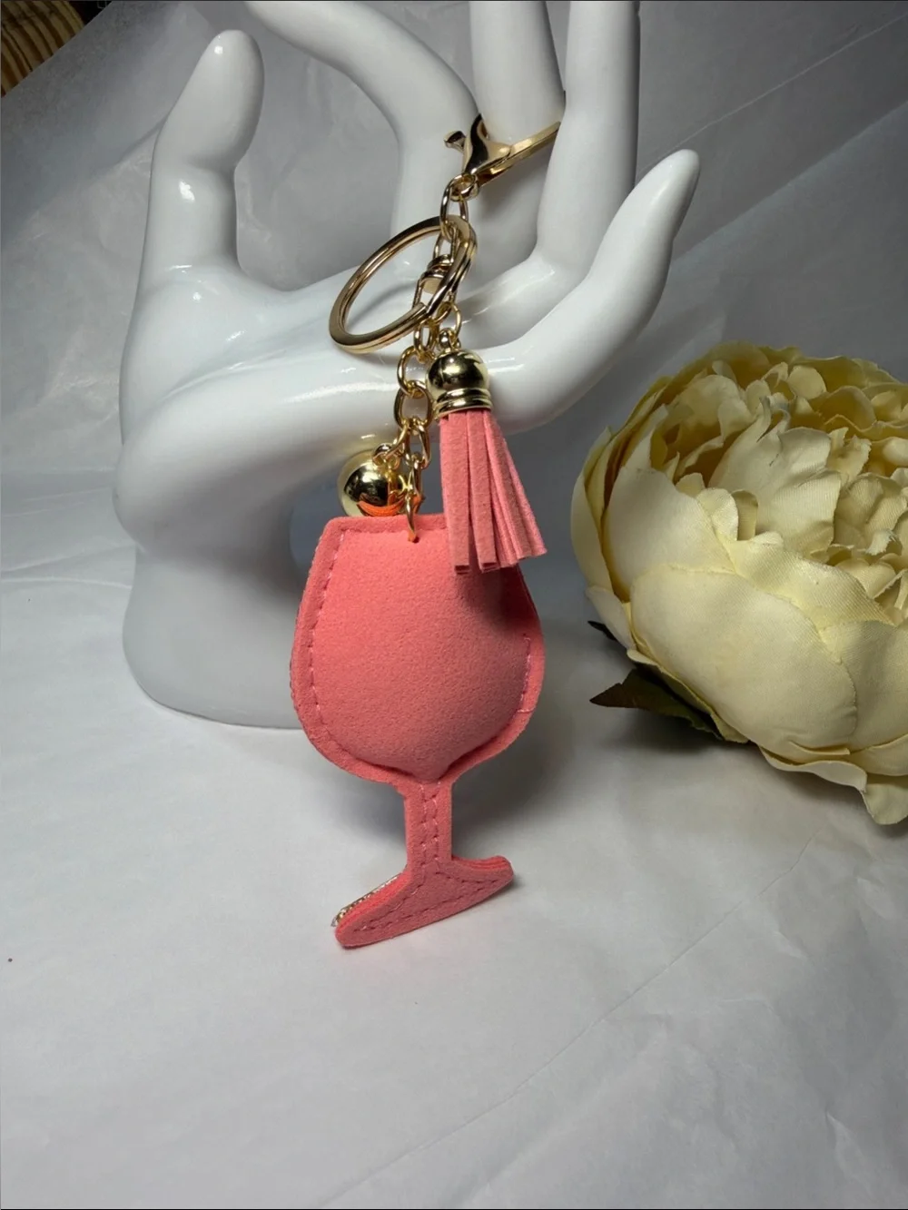 Crystal Wine Glass Keychain with Pink Tassel
